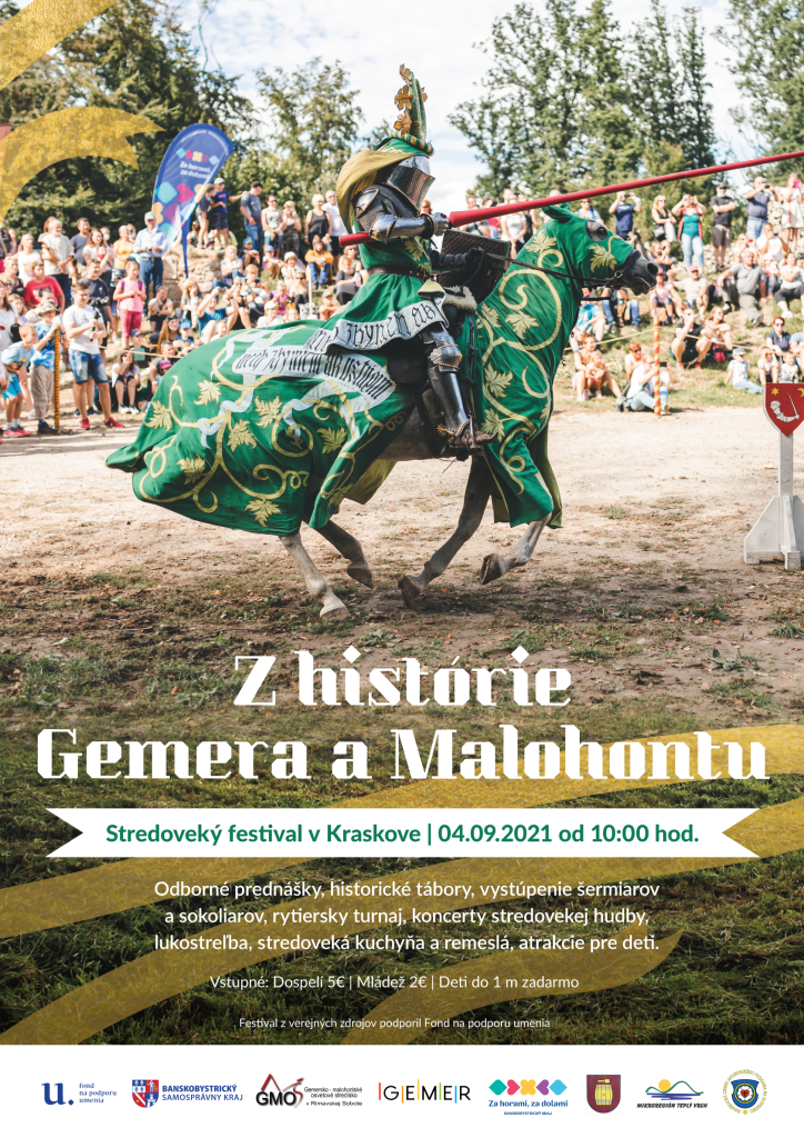 plagát podujatia Z histórie Gemera a Malohontu - Stredoveký festival v Kraskove - 4. septembra 2021 od 10,00 hod. - Odborné prednášky, historické tábory, vystúpenie šermiarov a sokoliarov, rytiersky turnaj, koncerty stredovekej hudby, lukostreľba, stredoveká kuchyňa a remeslá, atrakcie pre deti.